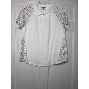 T By Talbots Polo Shirt White Tennis Racket Print Women’s M Sportswear